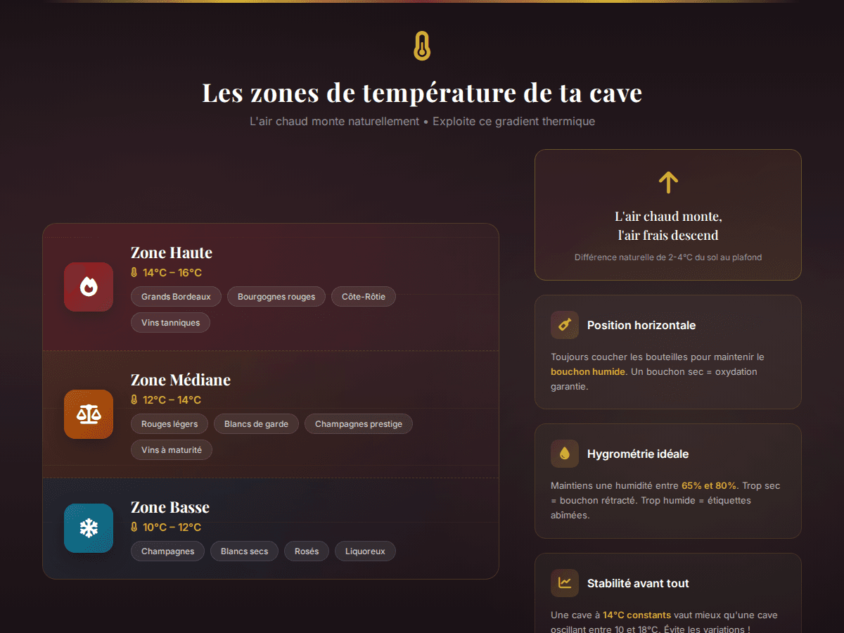 Infographie récapitulative : Comment Organiser sa Cave à Vin : Guide Complet 2025 (Rangement, Température, Traçabilité)