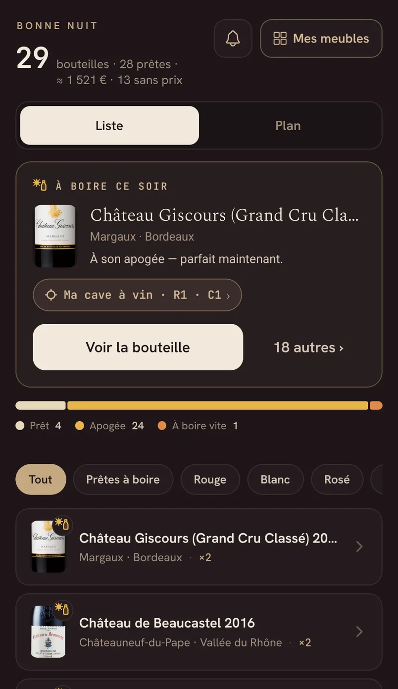 L'écran Ma cave de Tire-Bouchon : 29 bouteilles, celle à boire ce soir et son emplacement dans le casier